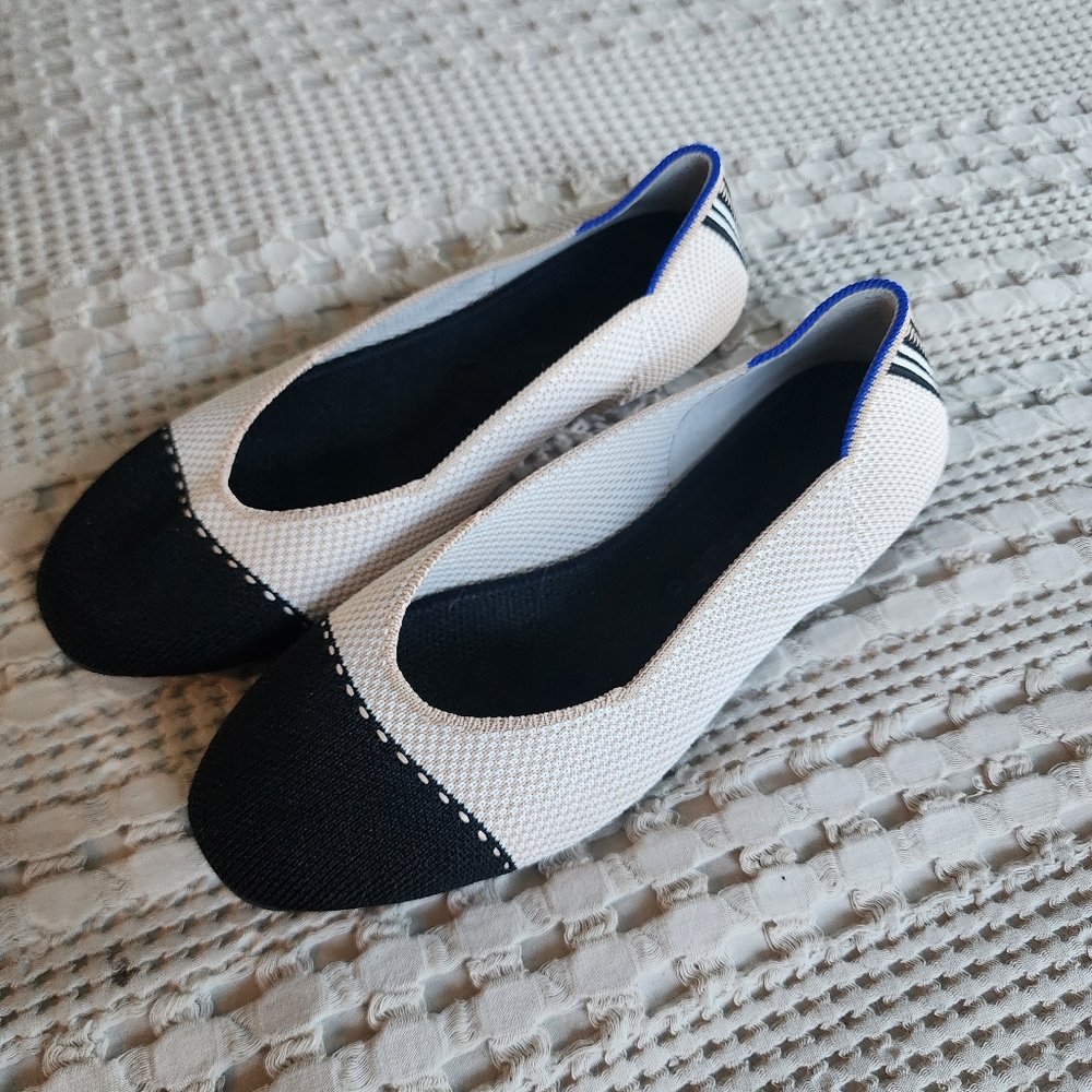 Rothy’s Flat | Size 6.5 | Black & Cream Cap-Toe | The Square Tuxedo